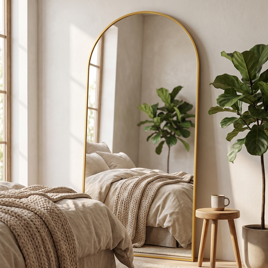 Antok gold full length floor mirror in a modern bedroom