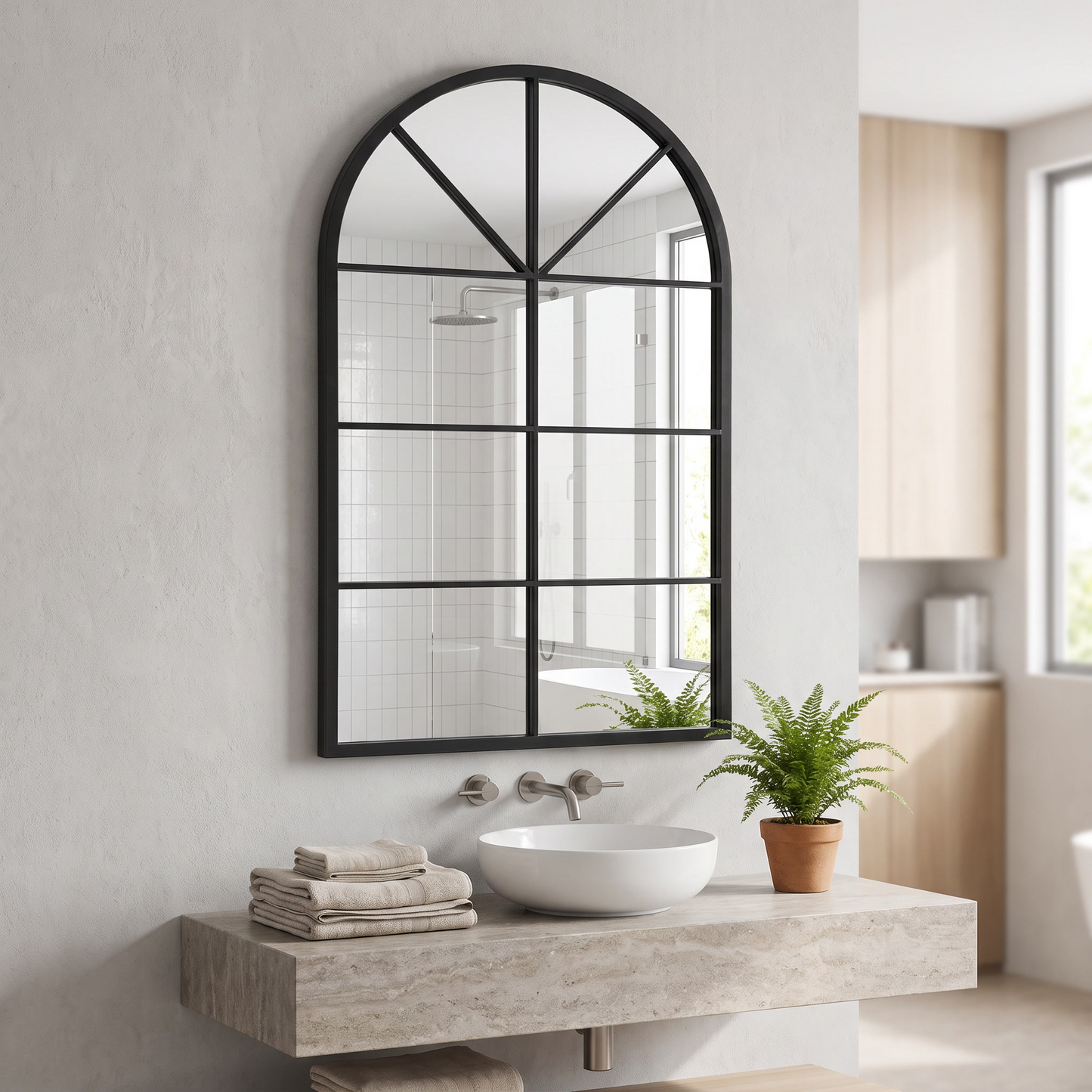 Dewfig arched windowpane wall mirror above a bathroom vanity