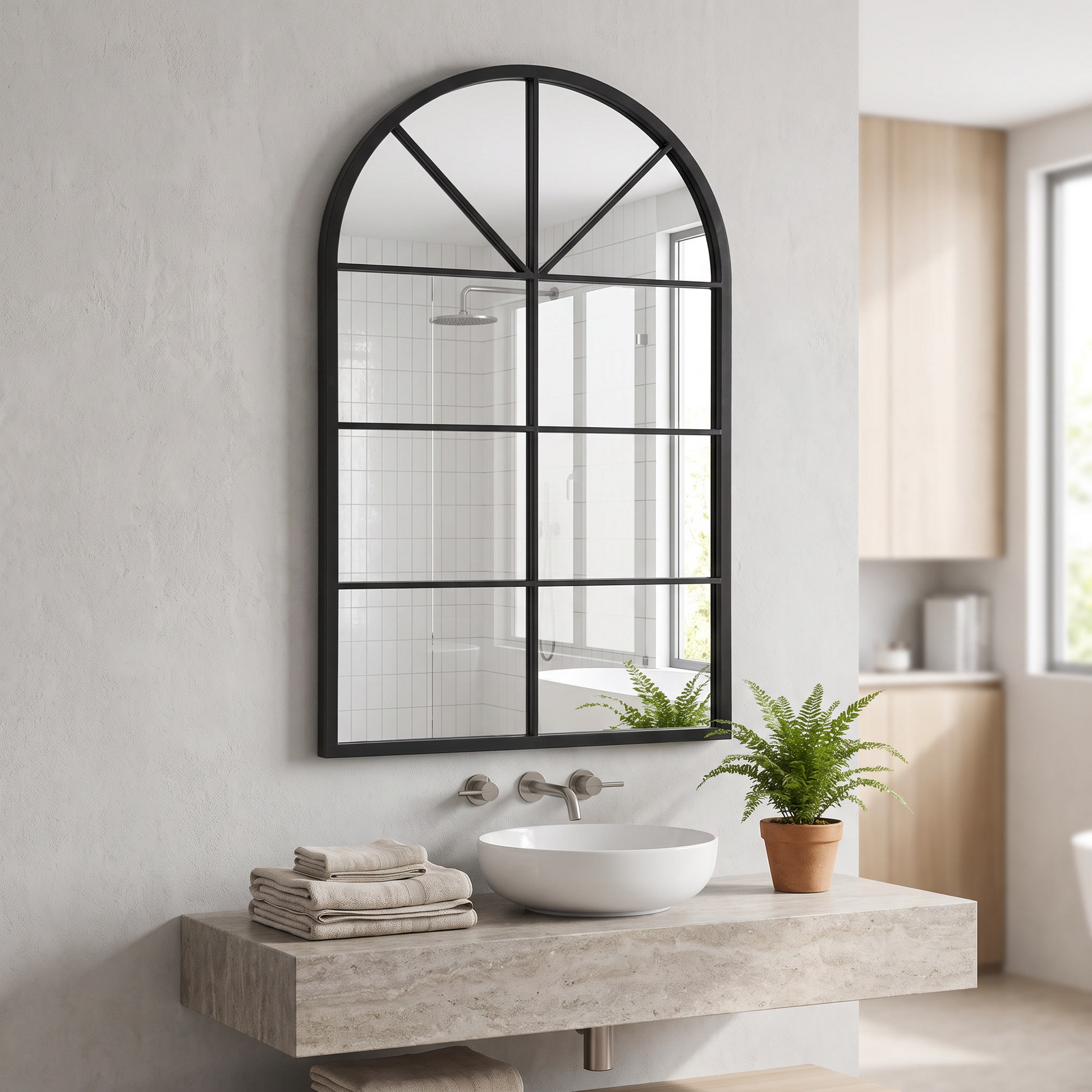 Dewfig arched windowpane wall mirror above a bathroom vanity