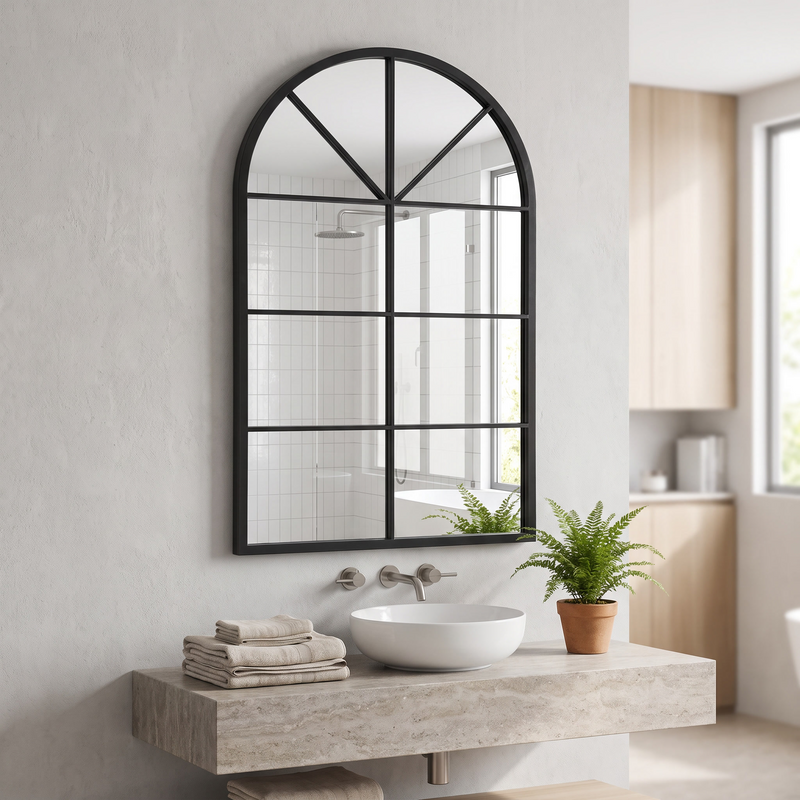 Dewfig arched windowpane wall mirror above a bathroom vanity