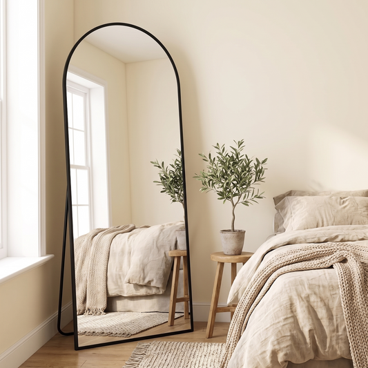 JAWGLOW black arched full length mirror in a modern bedroom