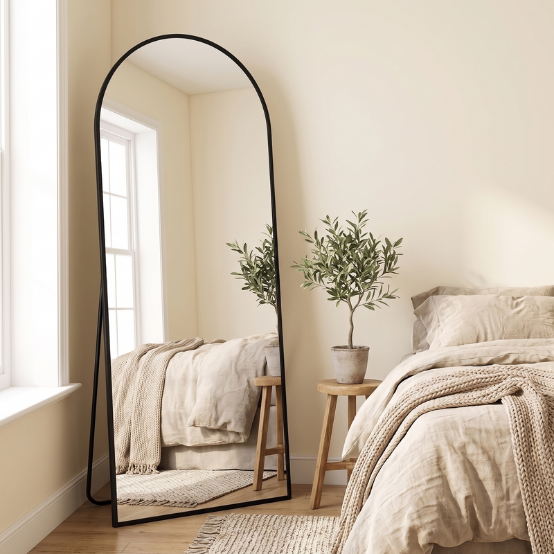 JAWGLOW black arched full length mirror in a modern bedroom