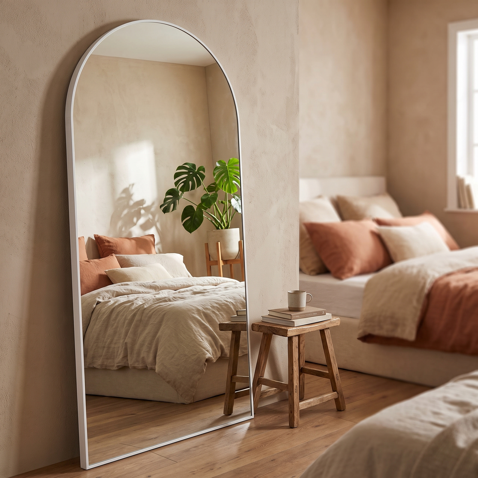 Silver arched stand full-length mirror, wider bedroom view