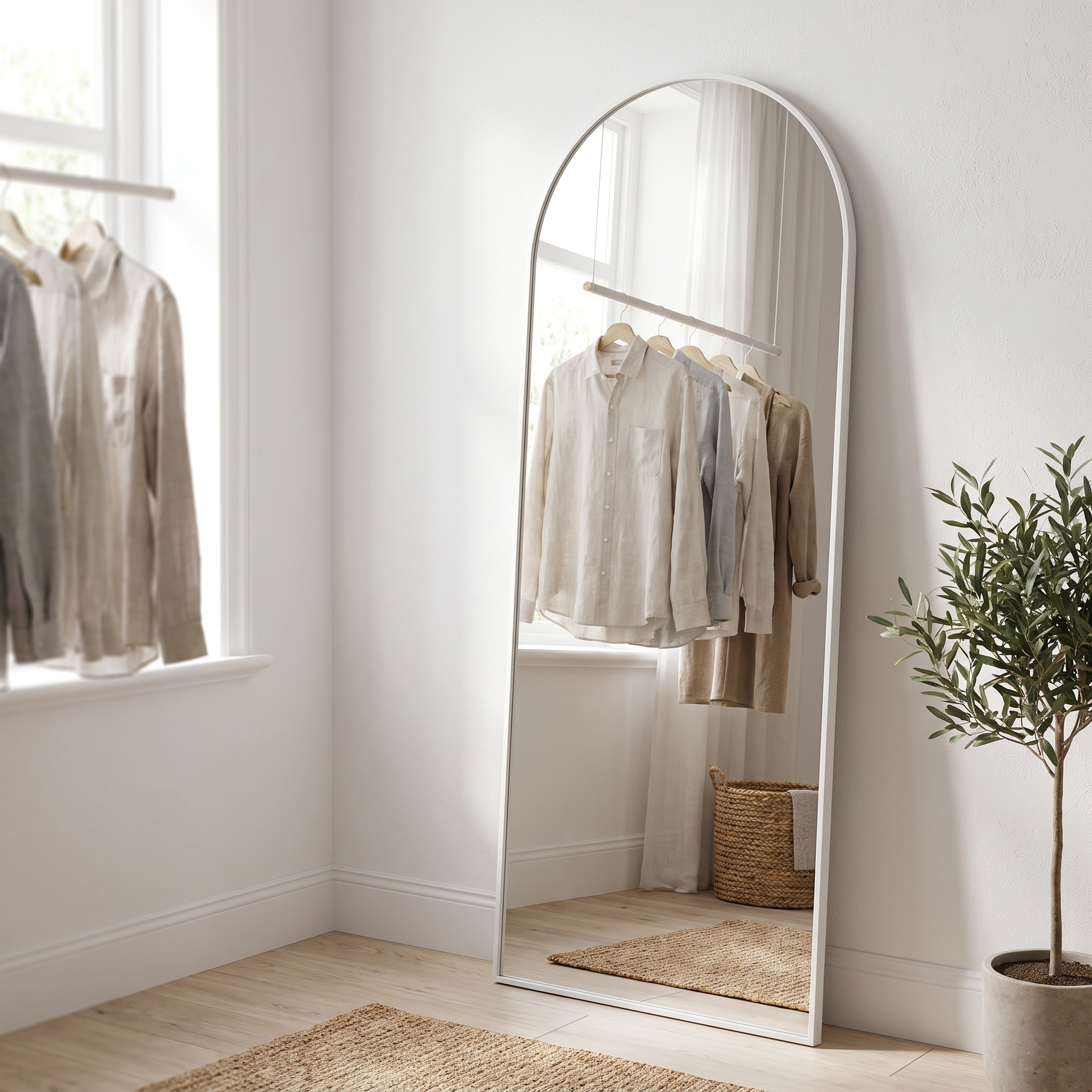 Silver arched stand full-length mirror, dressing room angle