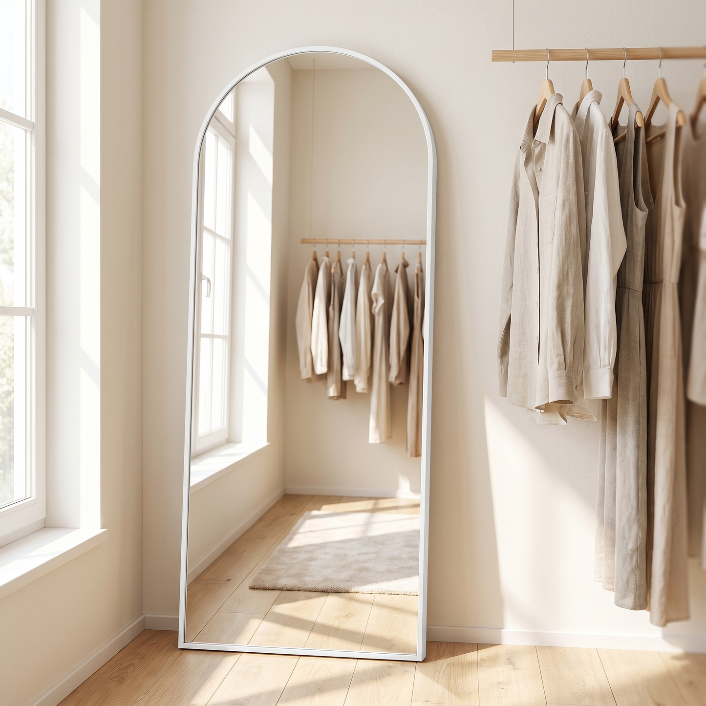 Silver arched stand full-length mirror, dressing room detail