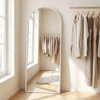 Silver arched stand full-length mirror, dressing room detail