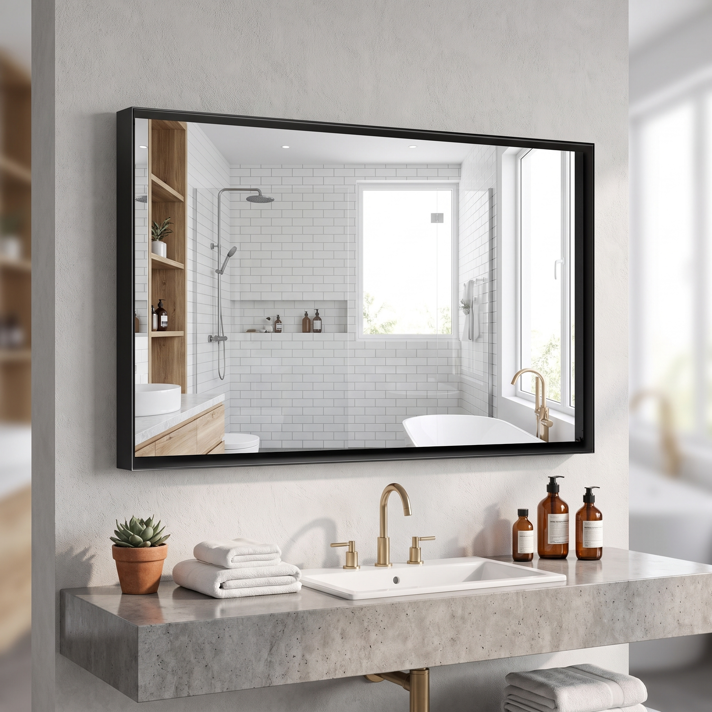 Glossy black rectangular bathroom mirror above a vanity