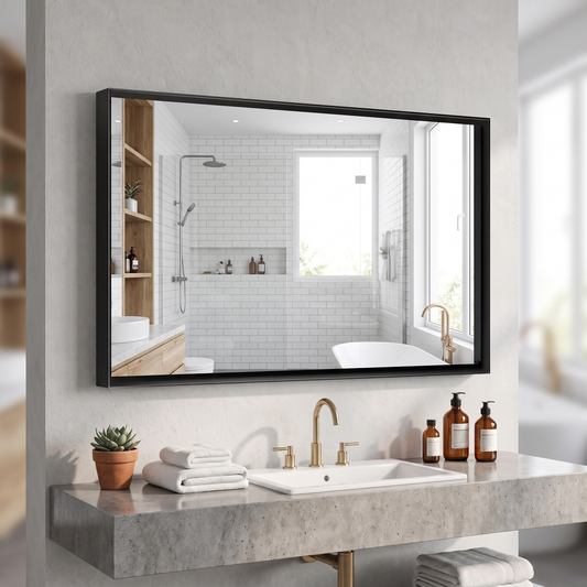 Glossy black rectangular bathroom mirror above a vanity