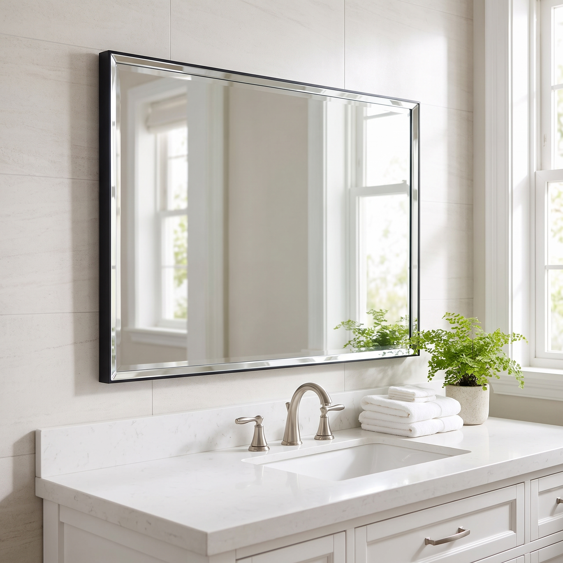 Glossy black bathroom mirror in a bright bathroom