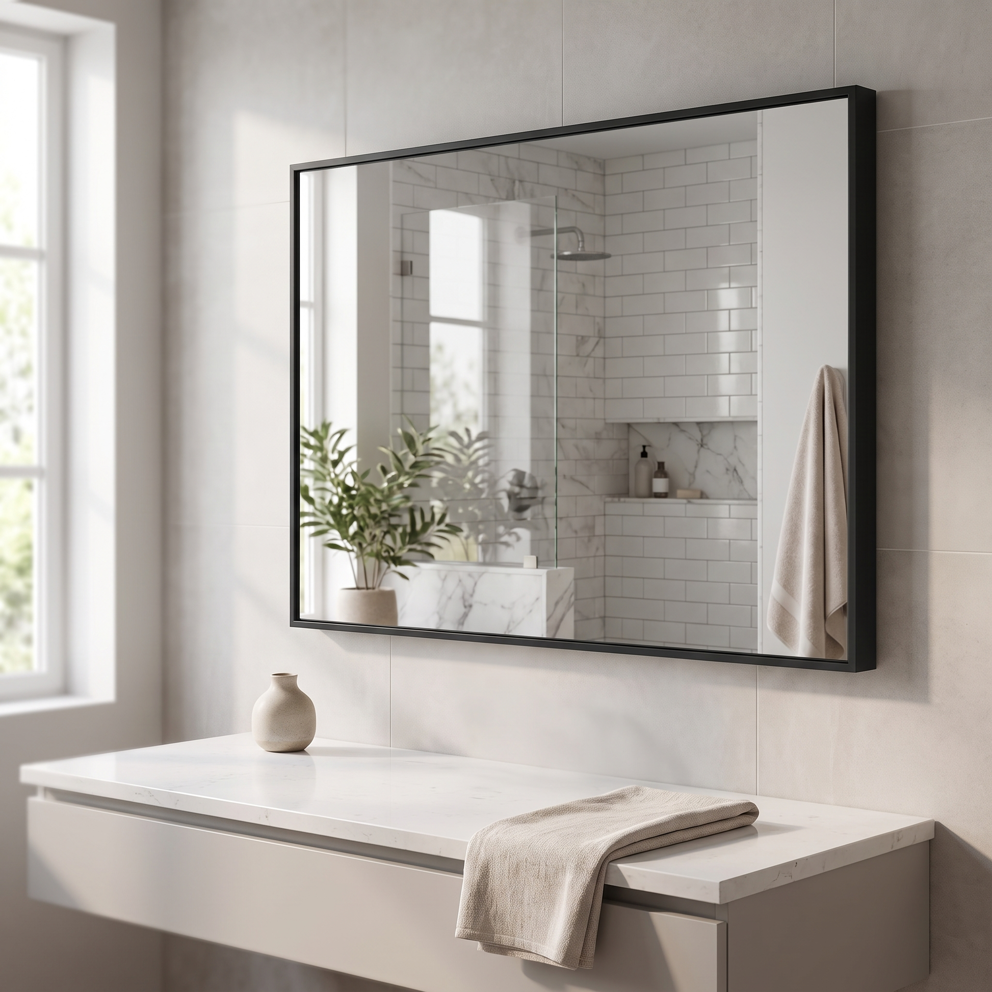 Glossy black bathroom mirror, detail angle