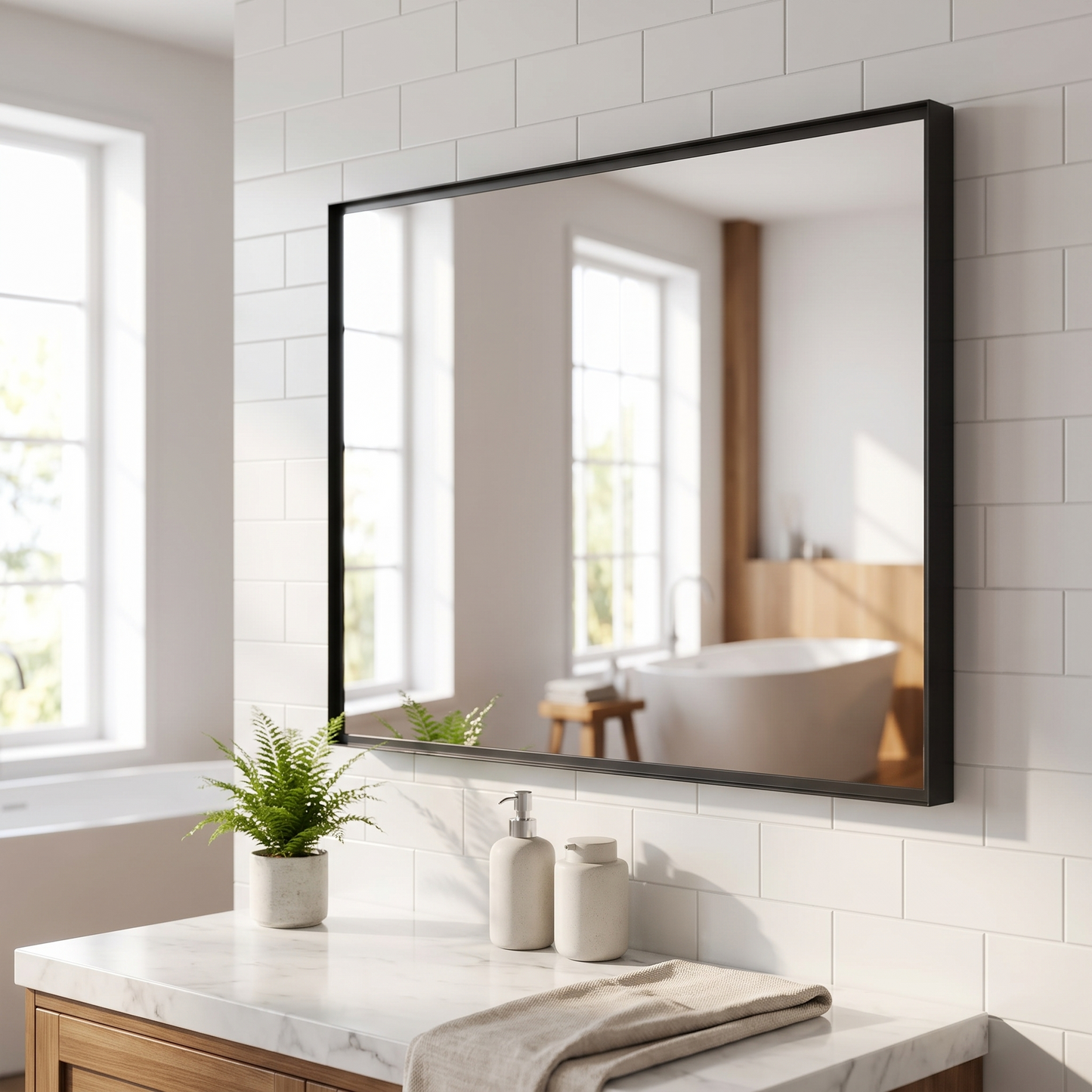 Glossy black bathroom mirror, angled view