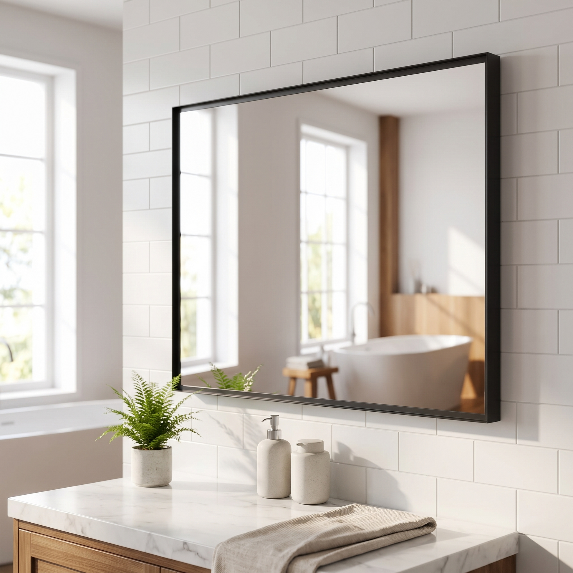 Glossy black bathroom mirror, angled view