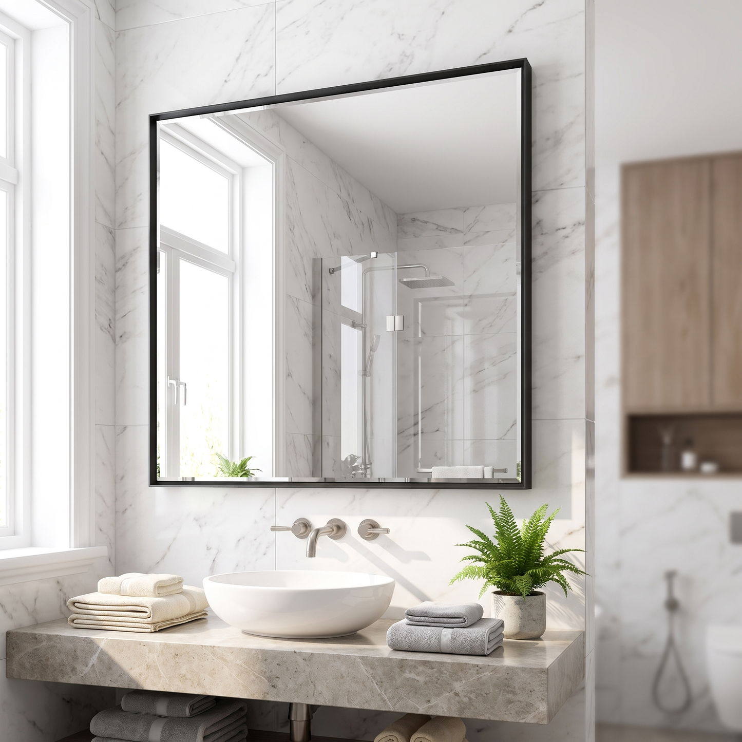 Glossy black bathroom mirror above a stone vanity