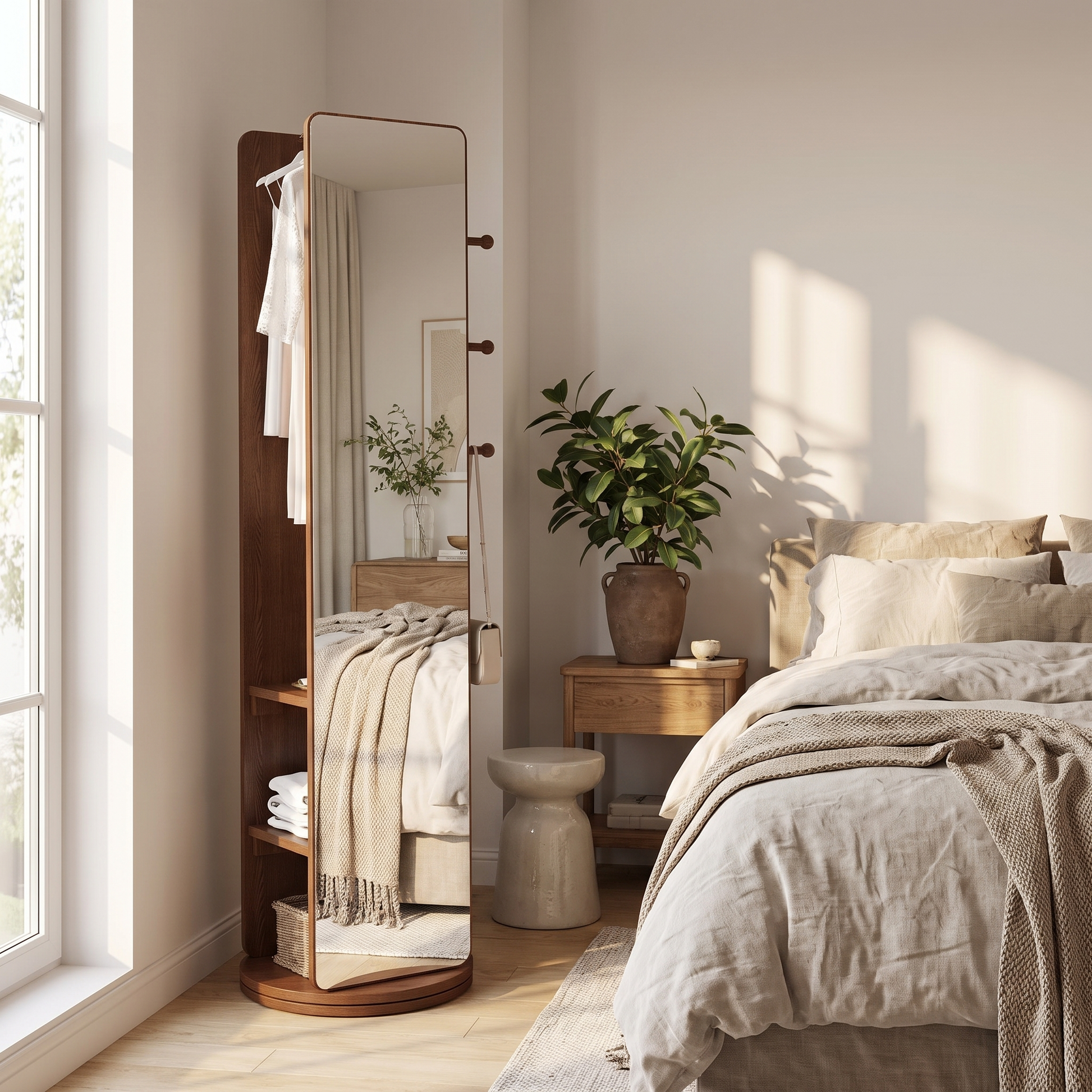 Slim full-length mirror, wider bedroom view