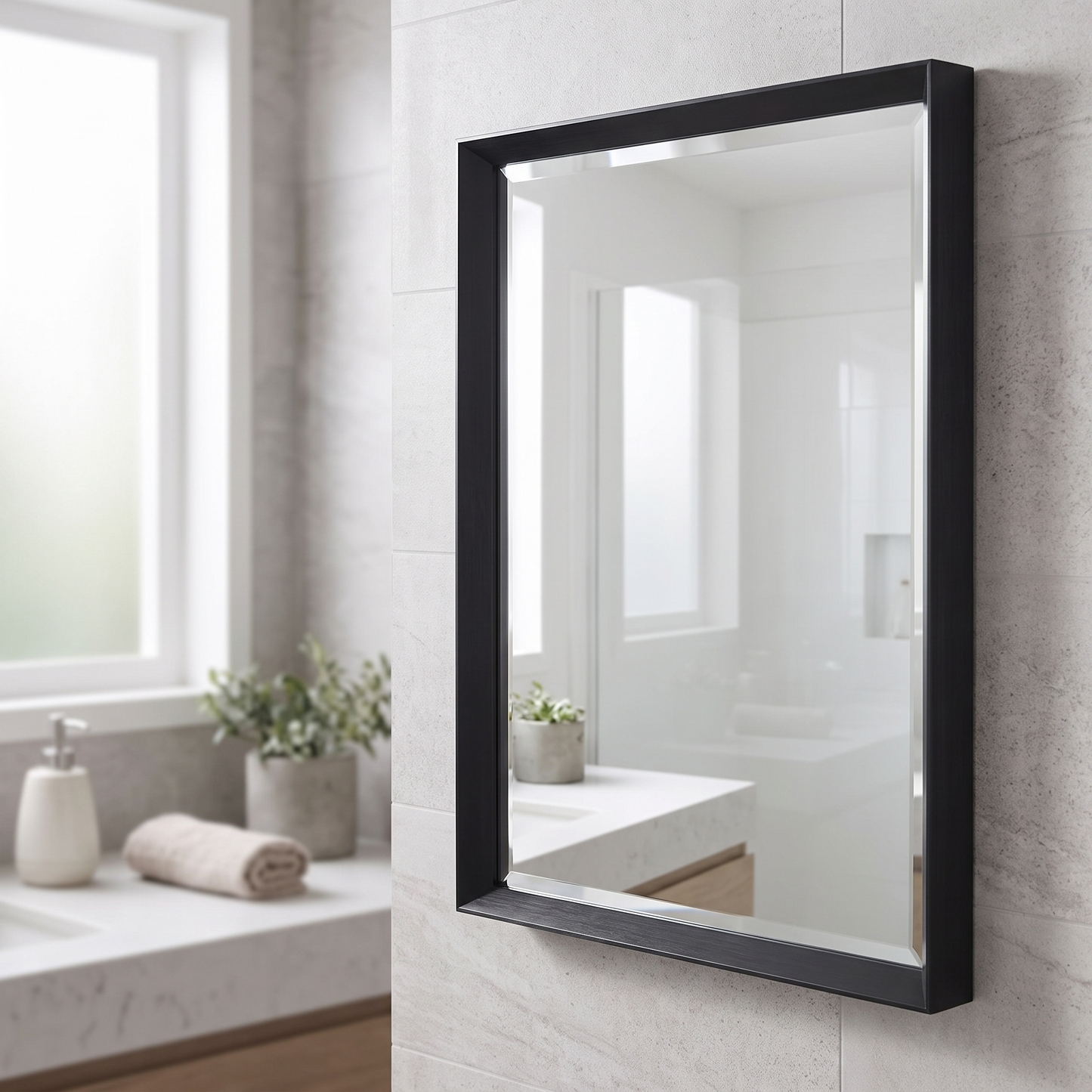 Glossy black bathroom mirror, serene bathroom setting