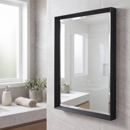 Glossy black bathroom mirror, serene bathroom setting