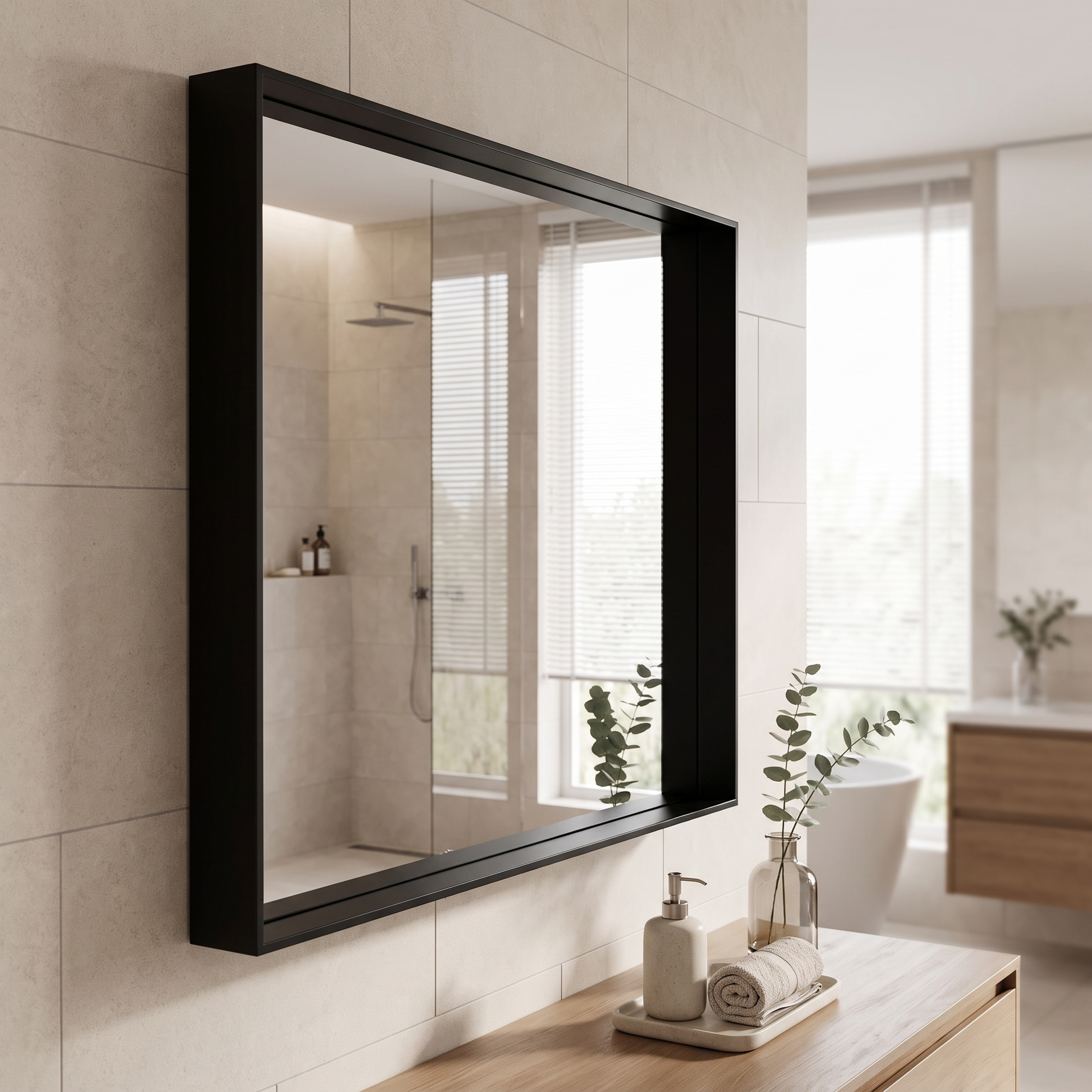 Glossy black bathroom mirror in a tiled bathroom