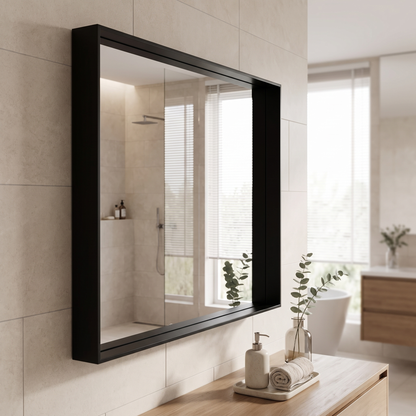 Glossy black bathroom mirror in a tiled bathroom