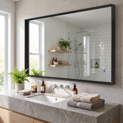 Glossy black bathroom mirror, wider bathroom view