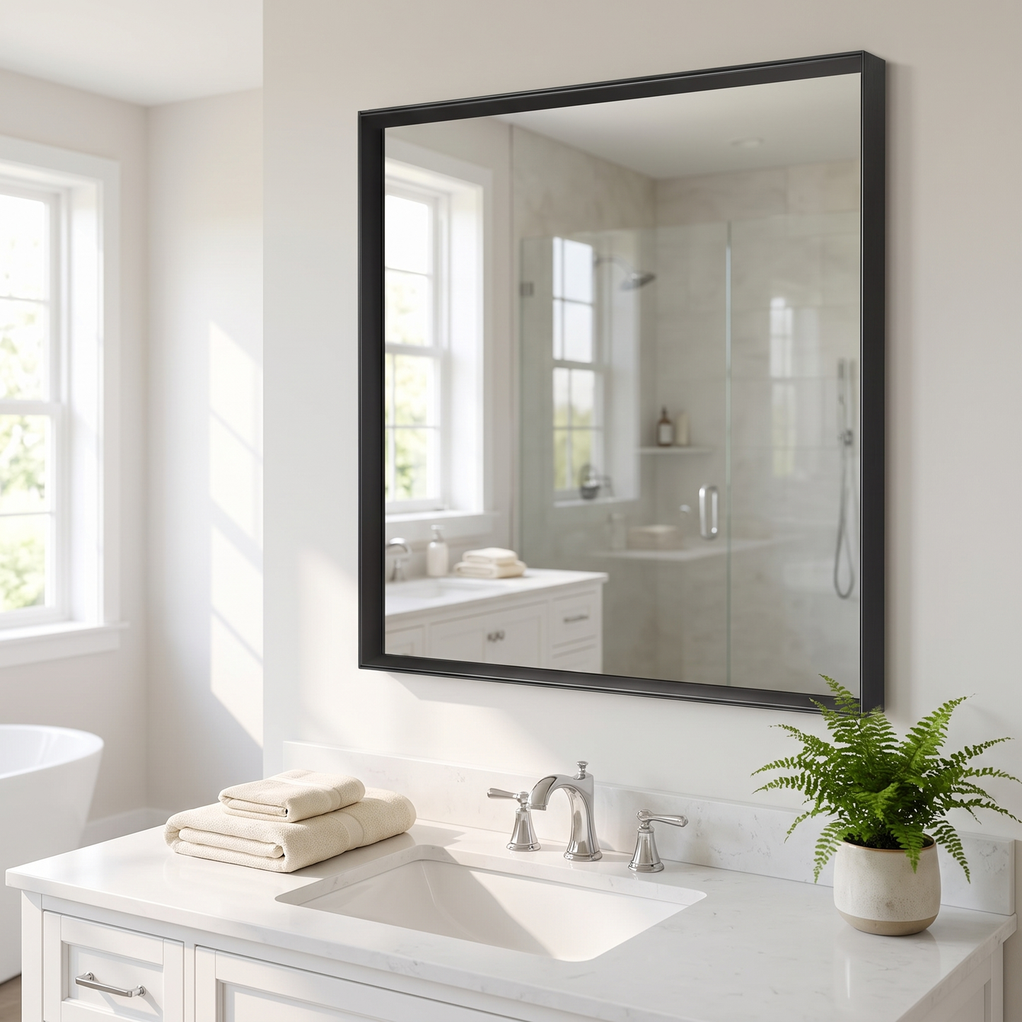 Glossy black bathroom mirror, styled bathroom scene