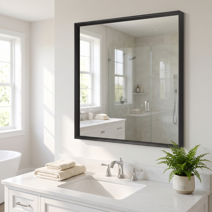 Glossy black bathroom mirror, styled bathroom scene
