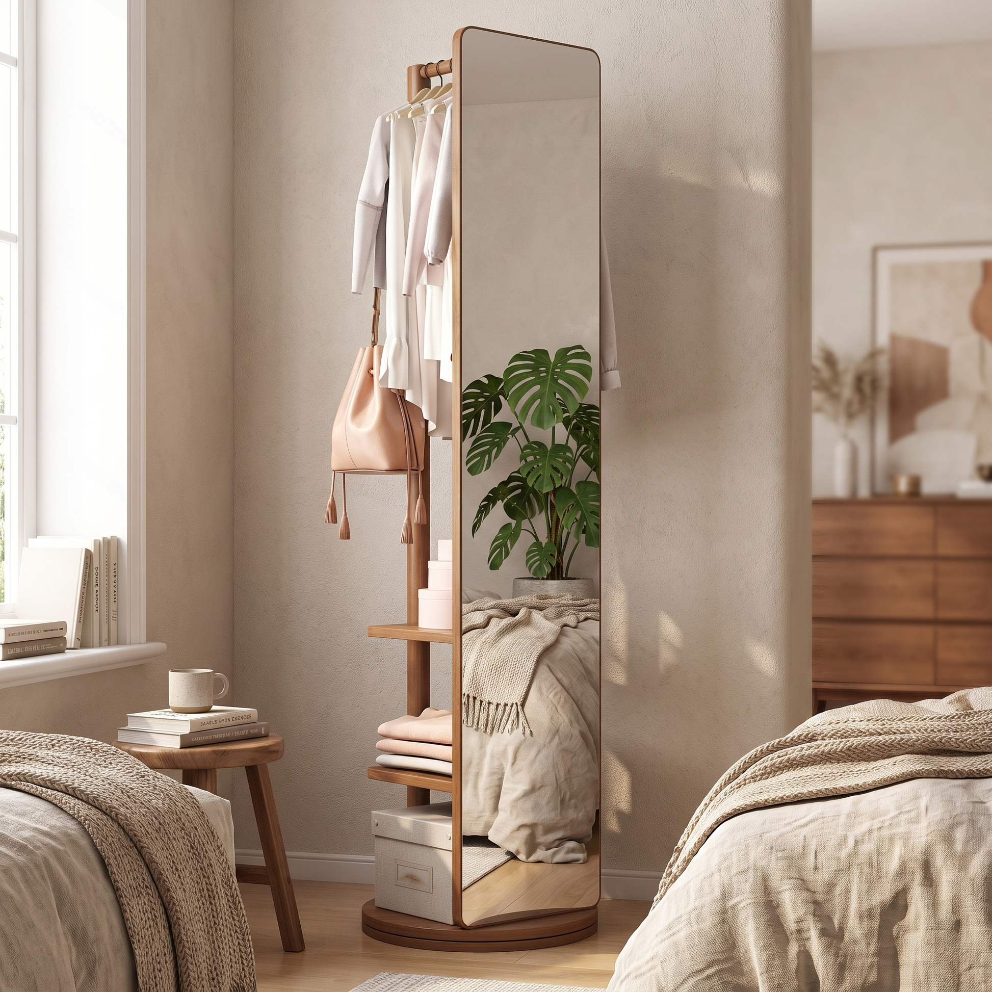 Slim full-length mirror in a modern bedroom