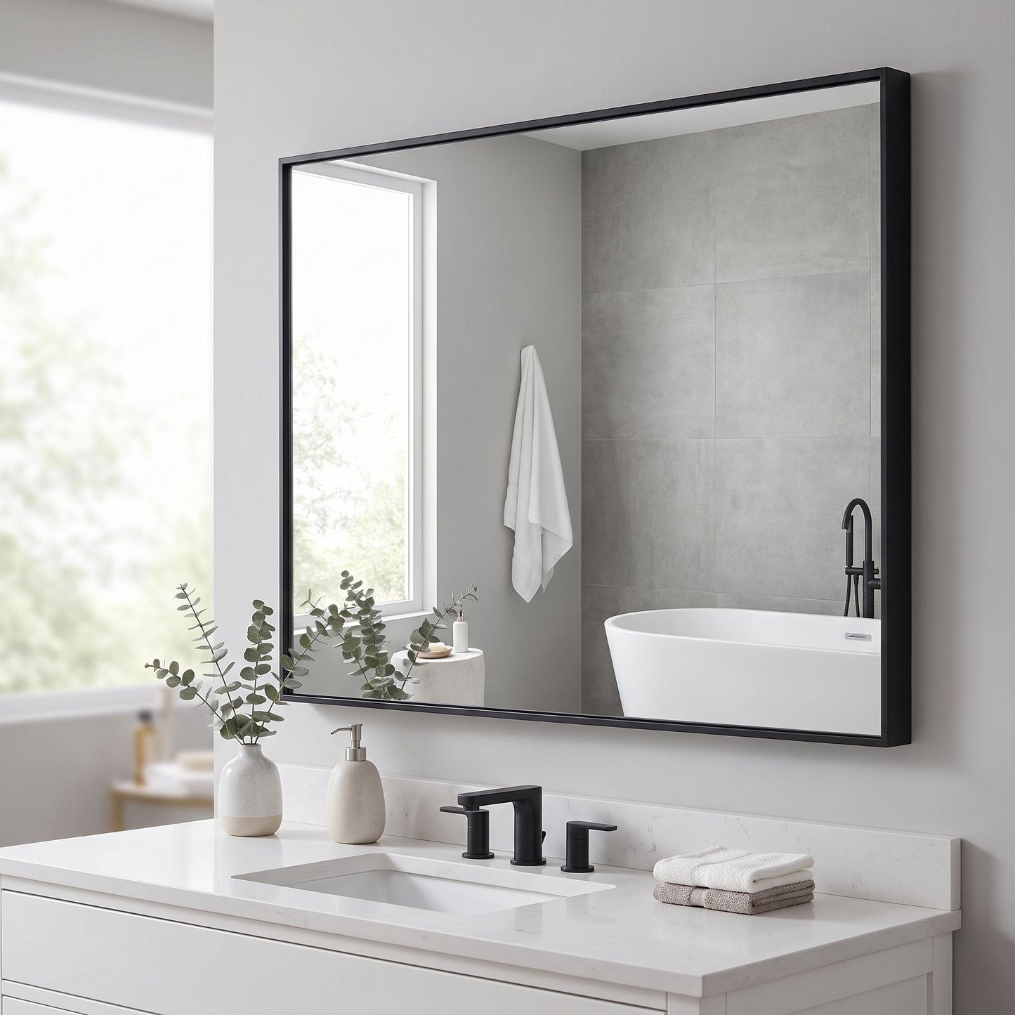 Glossy black rectangular bathroom mirror in a contemporary bathroom