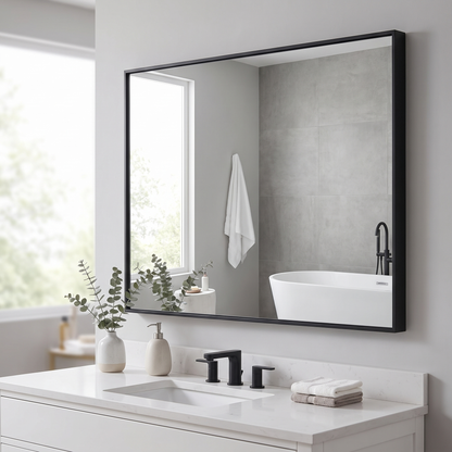 Glossy black rectangular bathroom mirror in a contemporary bathroom
