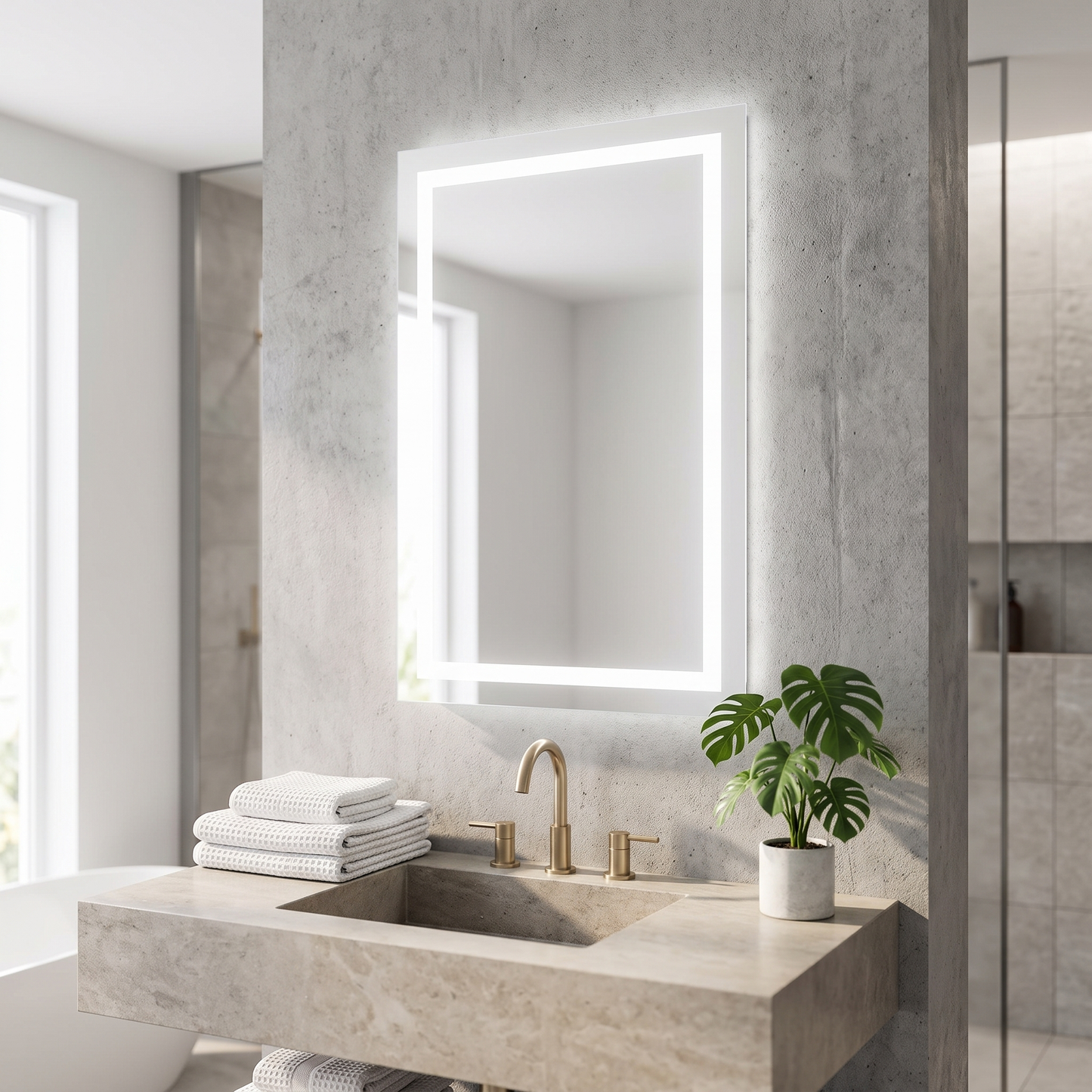 LED lighting bathroom wall mounted mirror above a vanity
