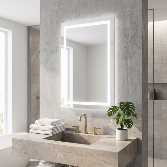 LED lighting bathroom wall mounted mirror above a vanity