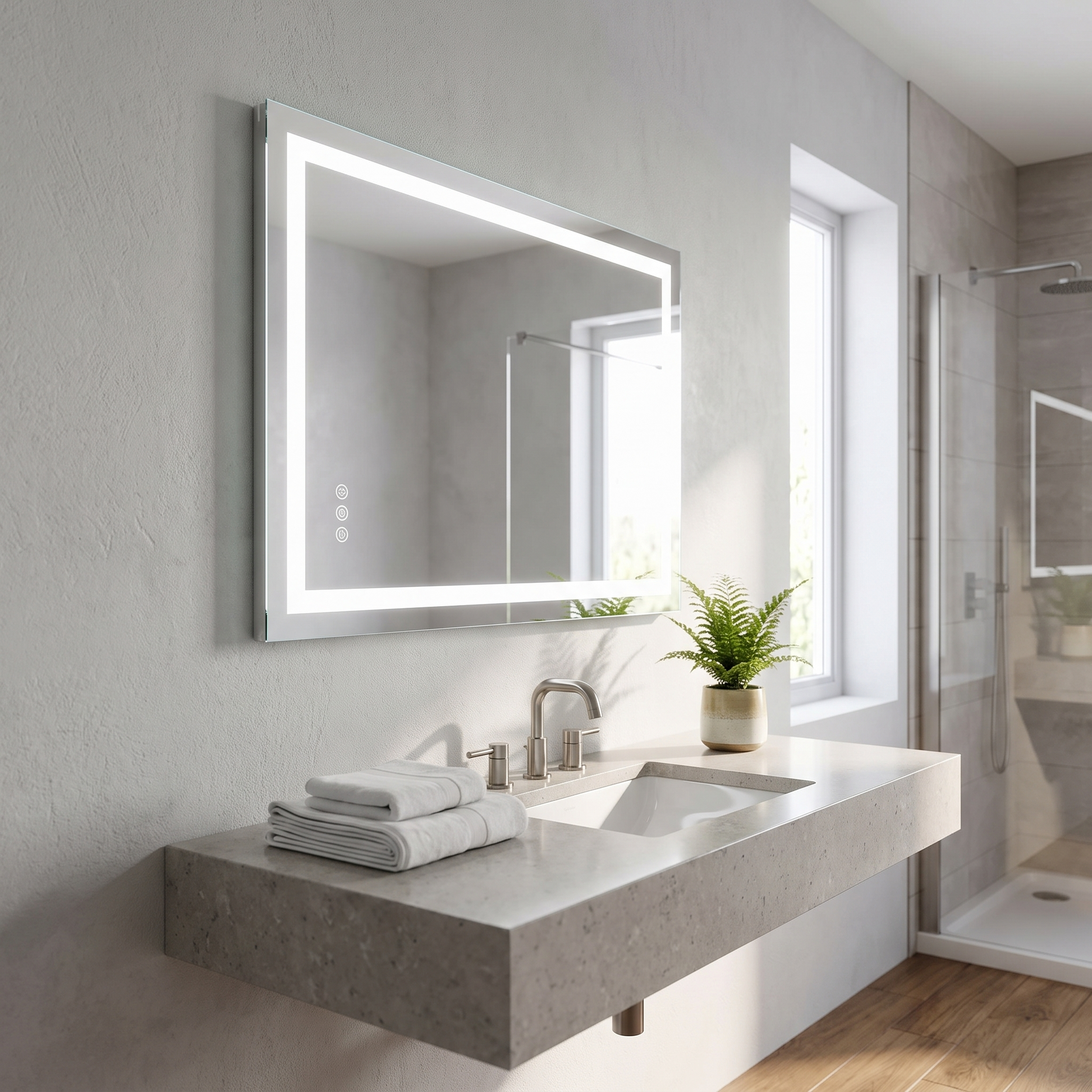 LED bathroom mirror, wider bathroom view