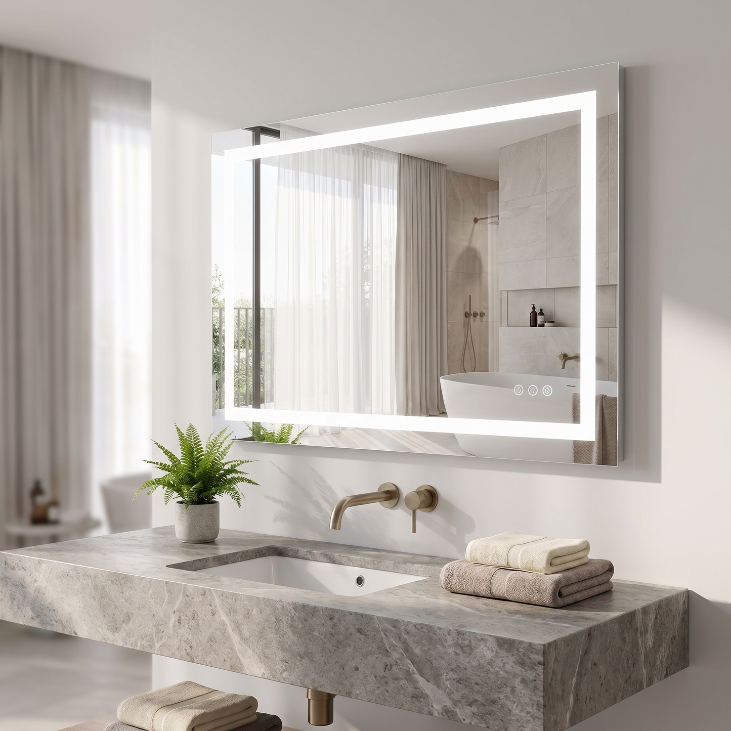 LED bathroom mirror above a stone vanity