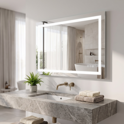 LED bathroom mirror above a stone vanity