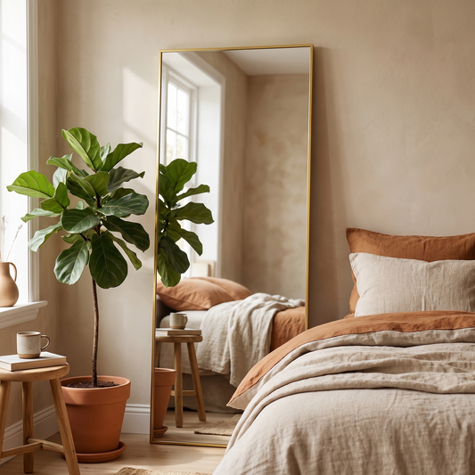 HARRITPURE gold full length mirror in a modern bedroom