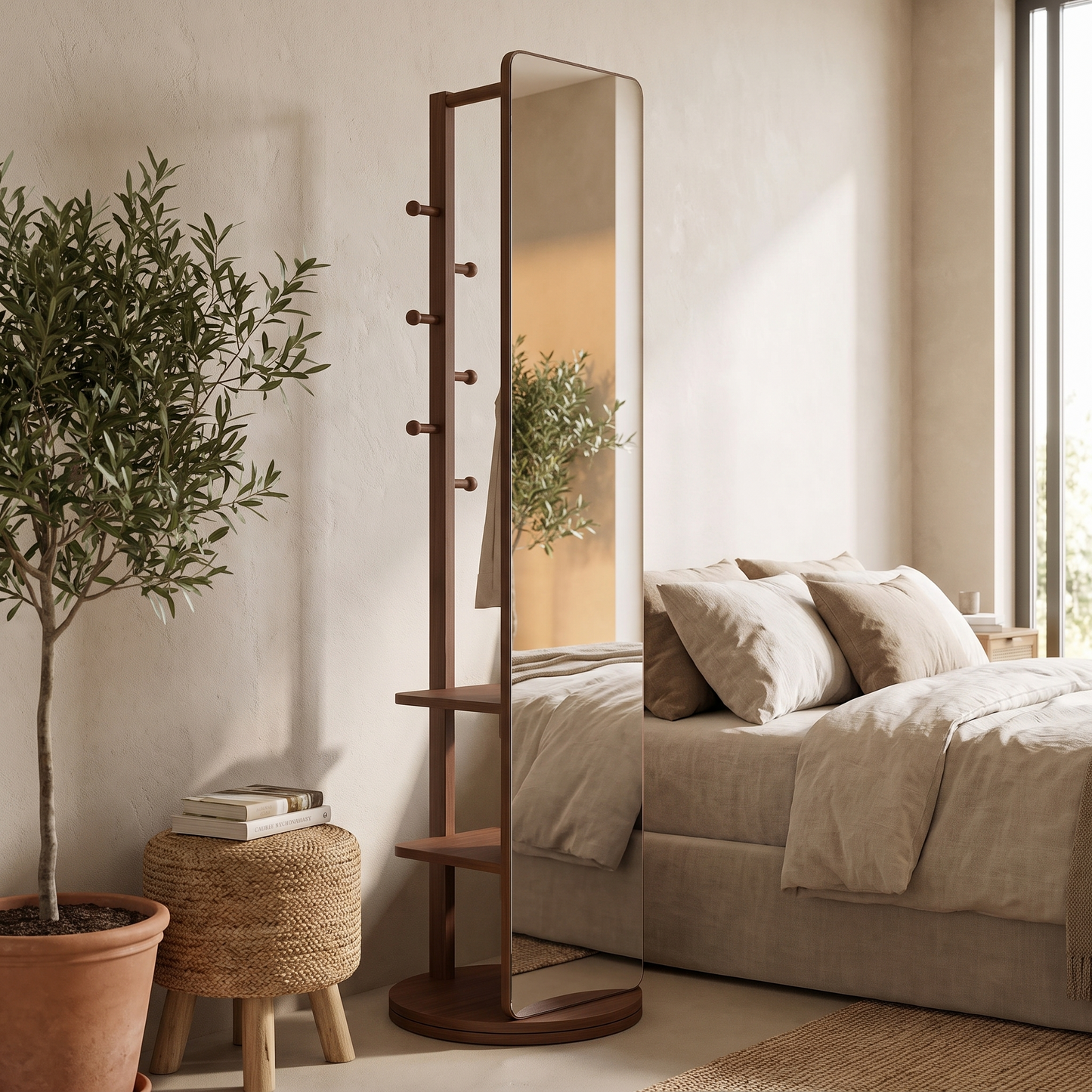 Slim full-length mirror in a styled bedroom
