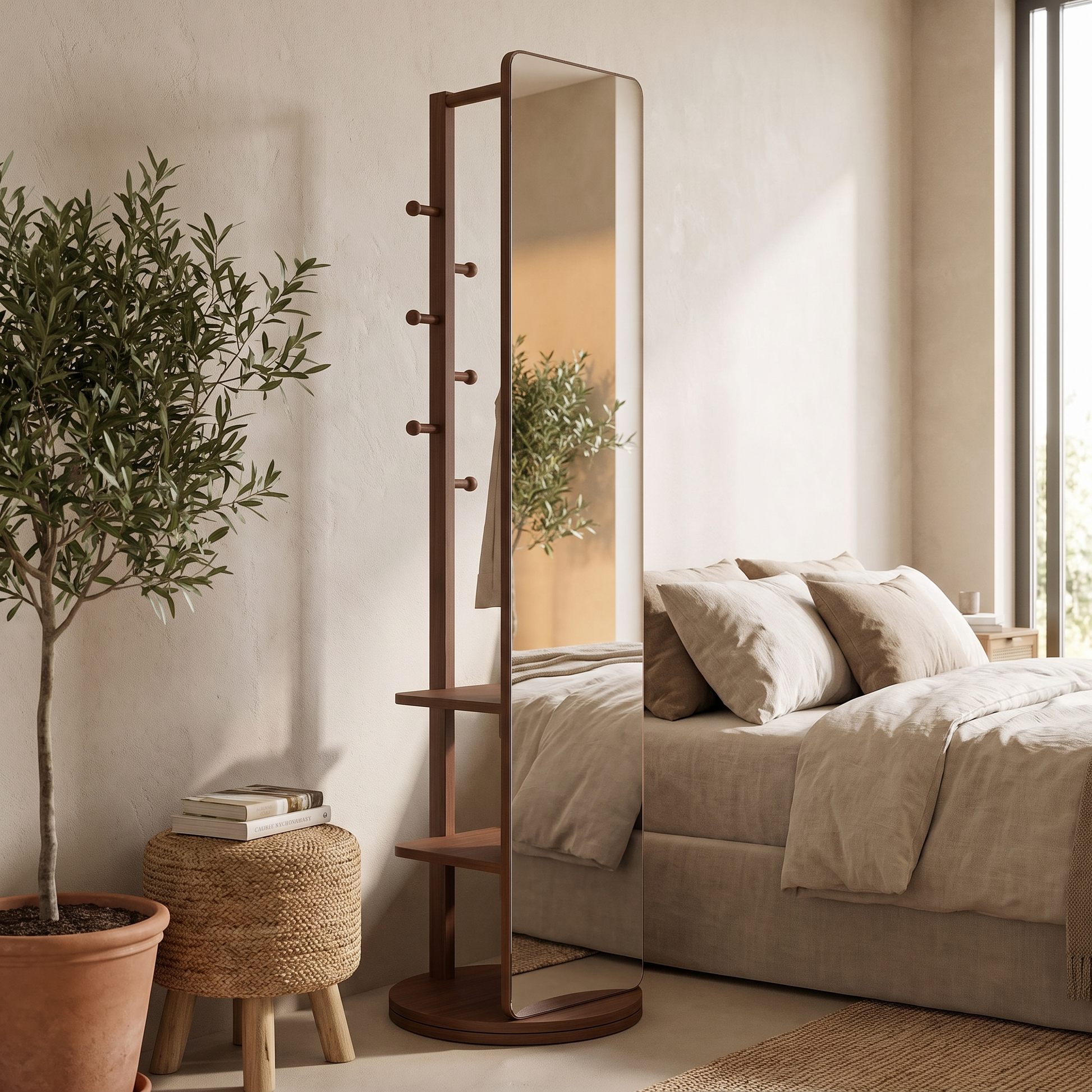 Slim full-length mirror in a styled bedroom