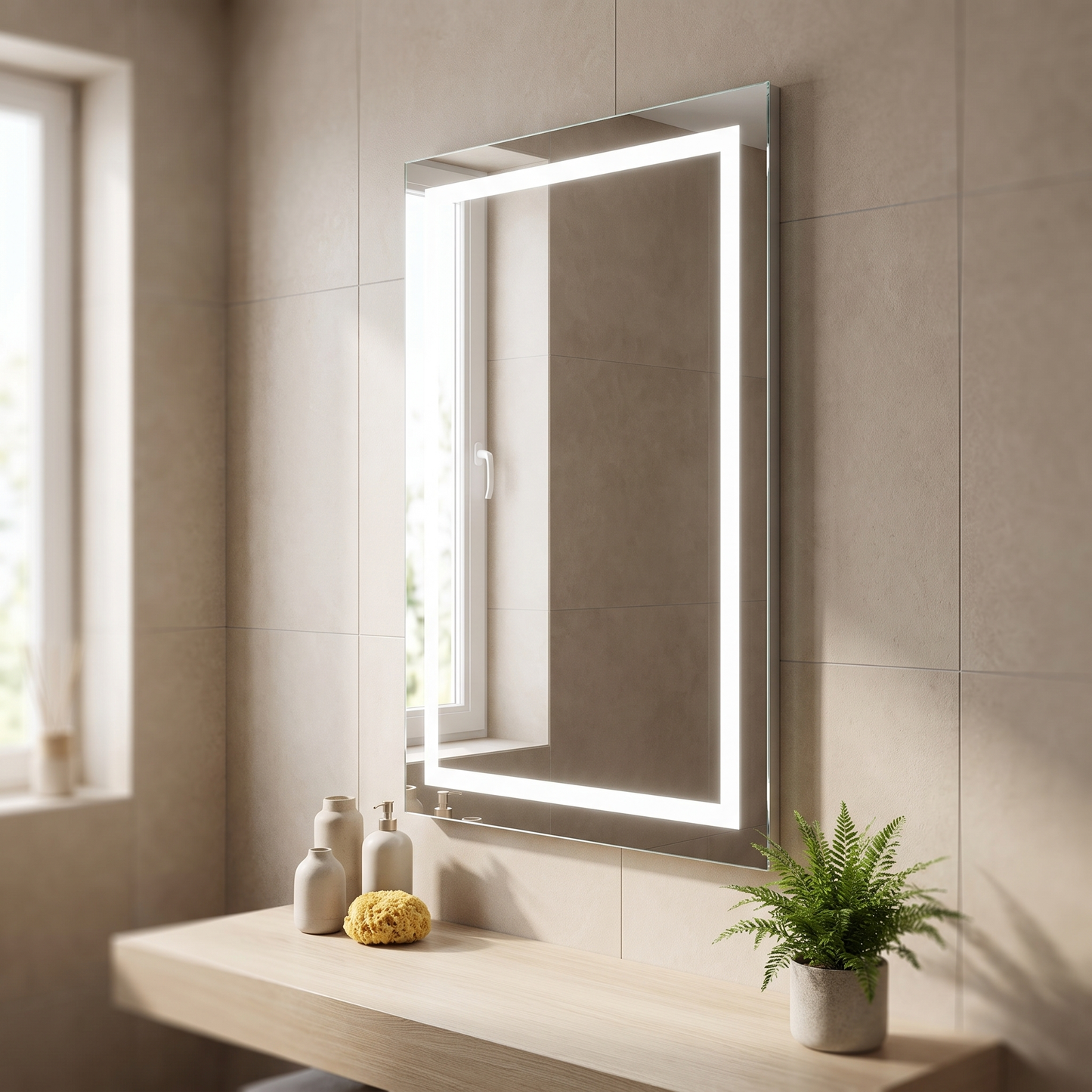 LED bathroom mirror, angled view