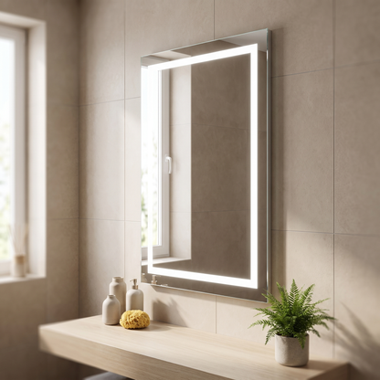 LED bathroom mirror, angled view