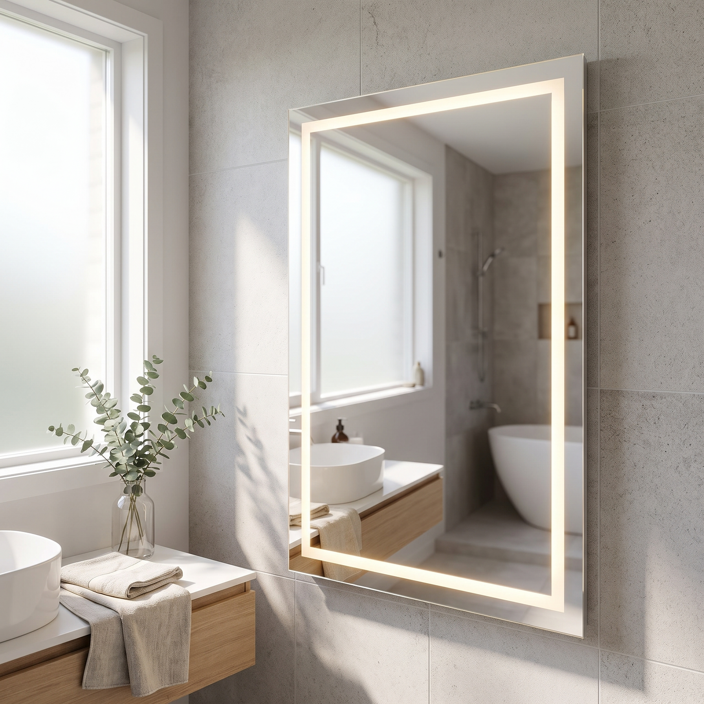LED bathroom mirror in a tiled bathroom