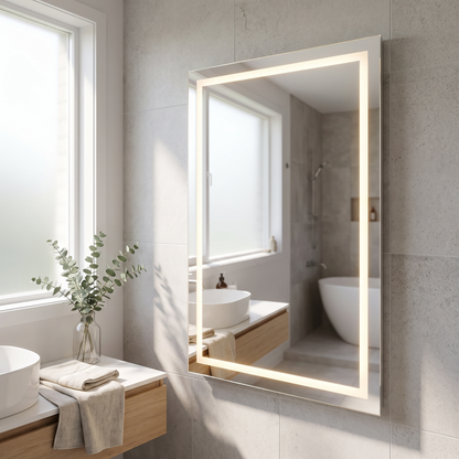 LED bathroom mirror in a tiled bathroom