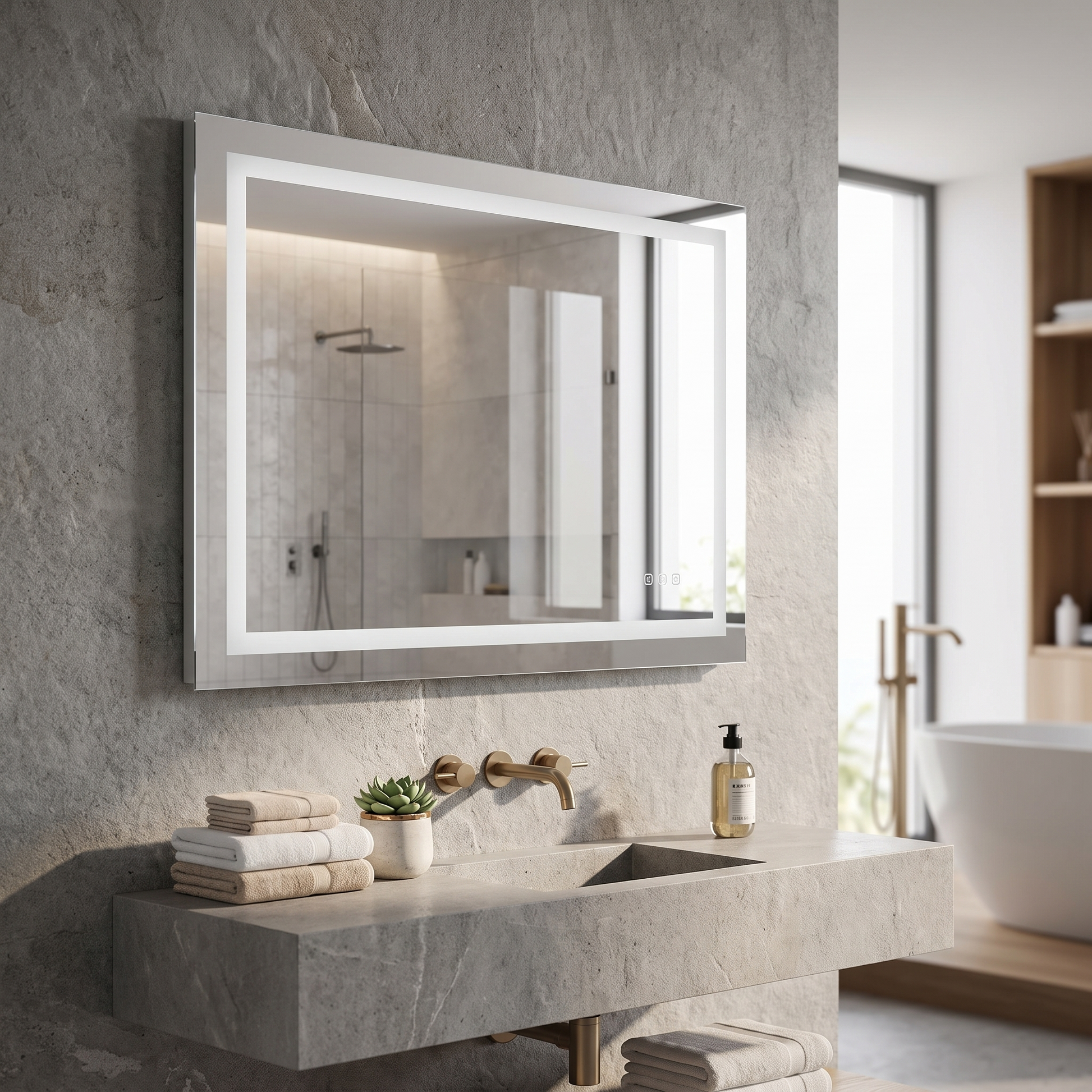 LED bathroom mirror in a bright bathroom
