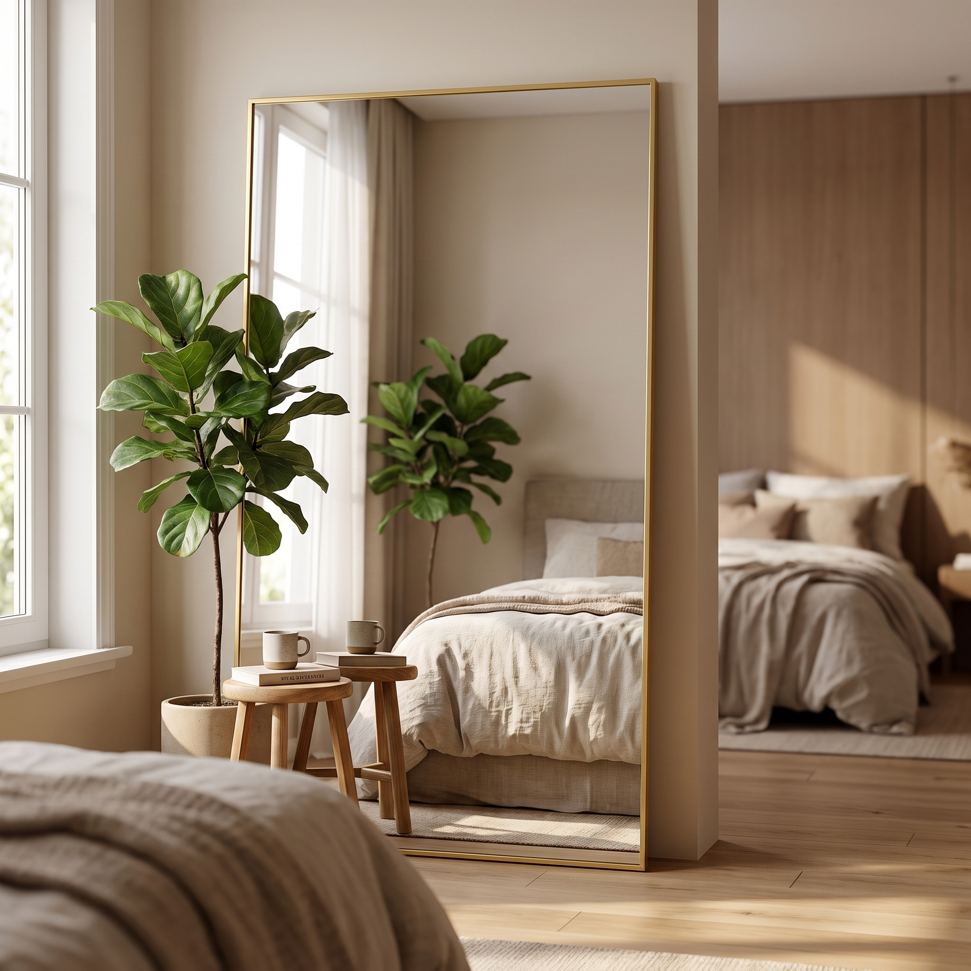 GLSLAND gold extra large full length mirror in a modern bedroom