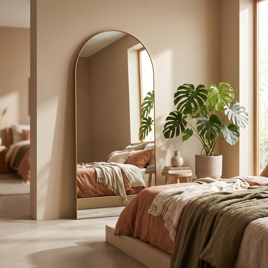 Gold metal arched bracket full-length mirror in a modern bedroom