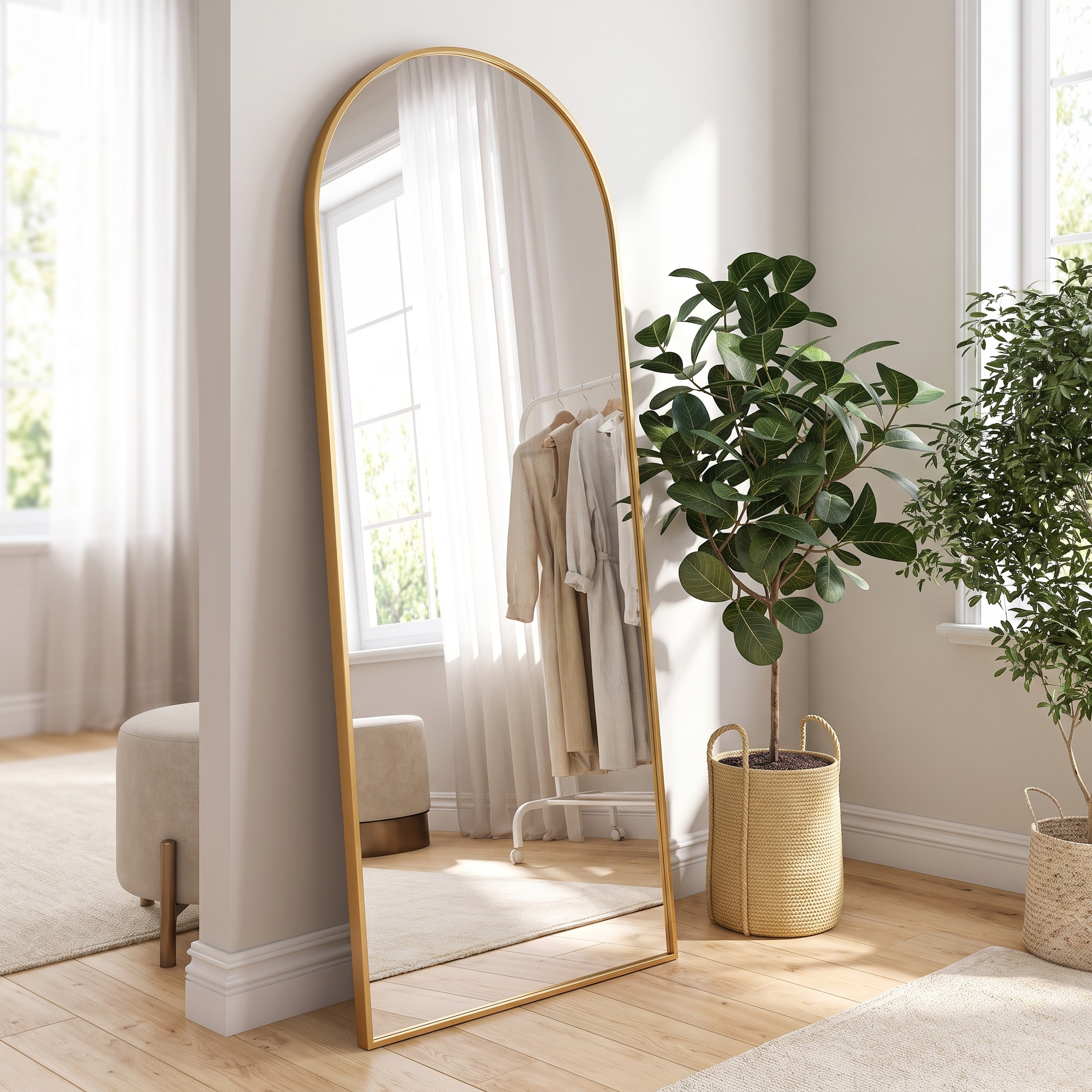 Gold metal arched bracket full-length mirror in a dressing room
