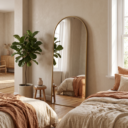 Gold arched bracket mirror in a styled bedroom
