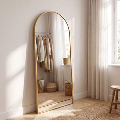 Gold arched bracket mirror, dressing room angle