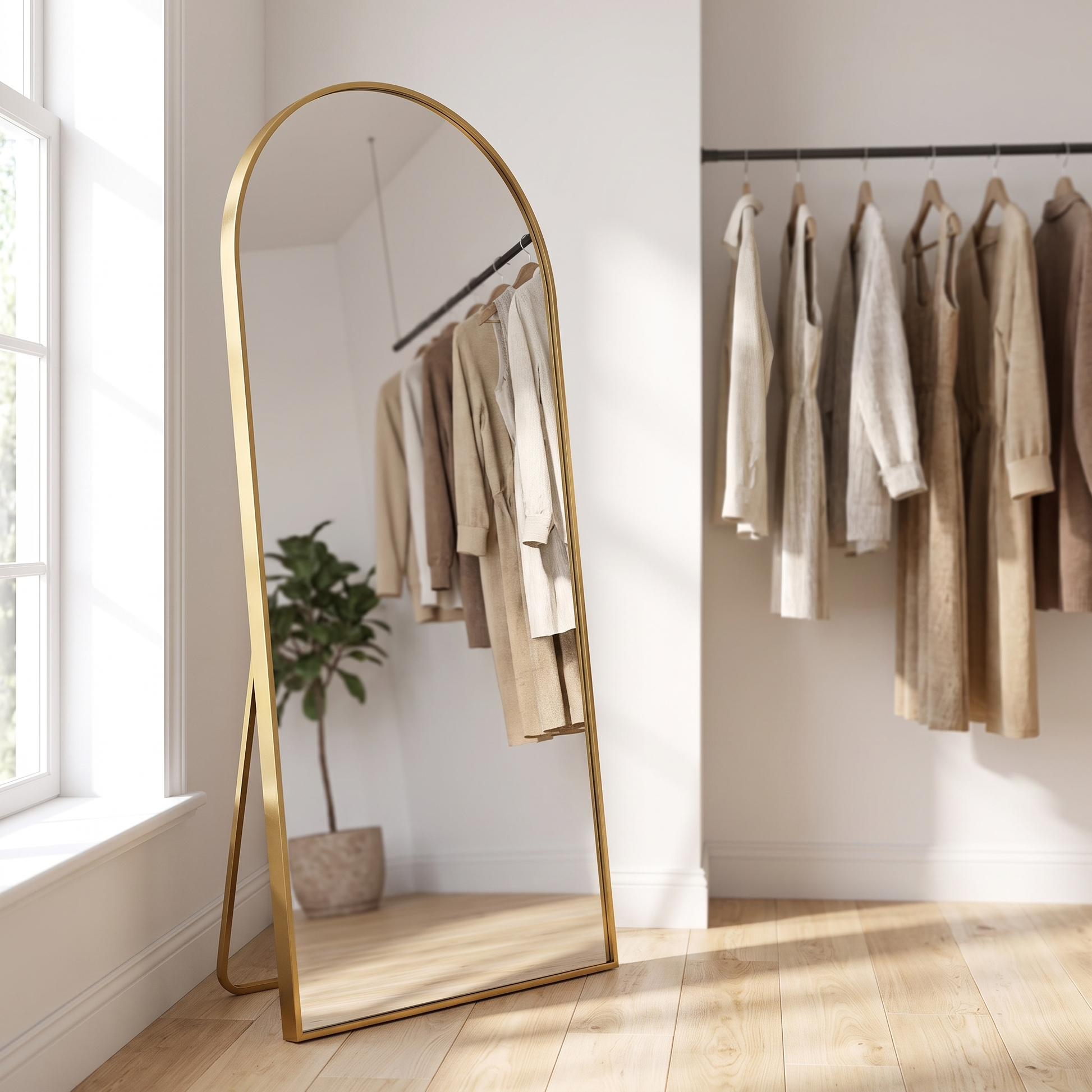 Gold arched bracket mirror, dressing room detail
