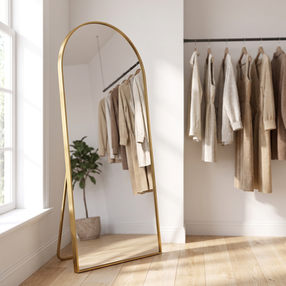 Gold arched bracket mirror, dressing room detail
