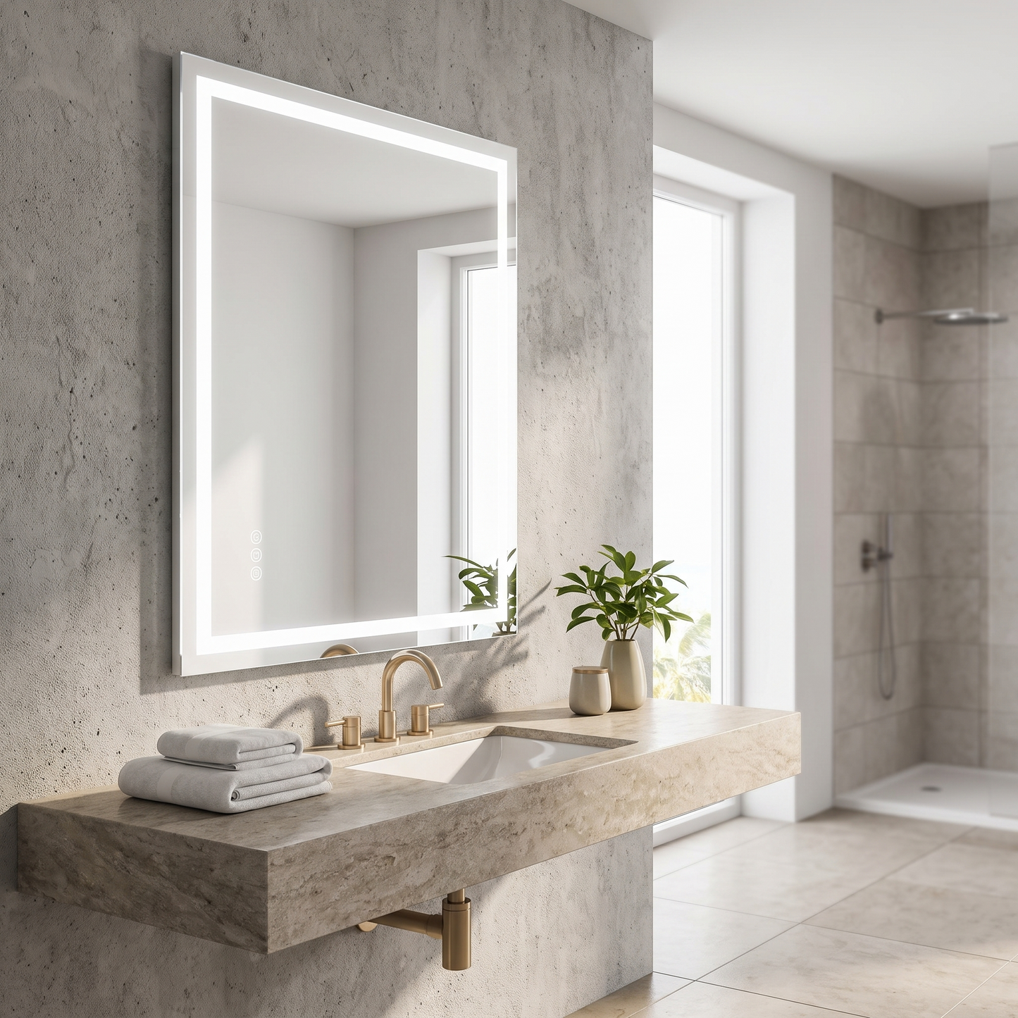 LED bathroom mirror, styled bathroom scene