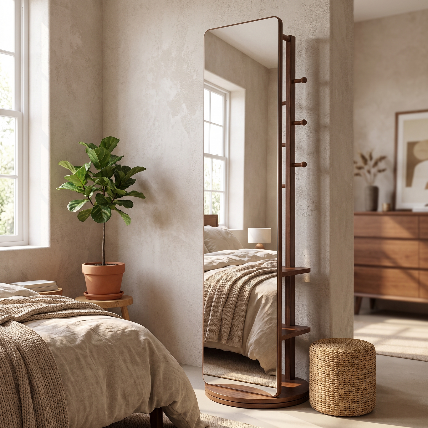 Full-length mirror, wider bedroom view